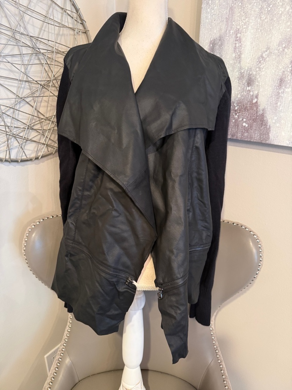 Kenneth Cole Draped Faux Leather & Knit Black Jacket size Large